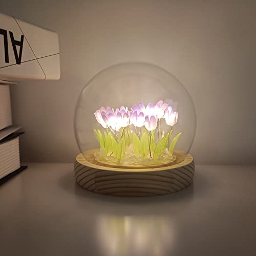 Fusehome Diy Purple Tulip Night Light 20 Flowers, Cute Flower Night Light Handmade Gifts Flower Bedroom Sleeping Lamp Glass Dome Flowers Decor Lamp For Women Birthday Anniversary Mother's Day #TOP4