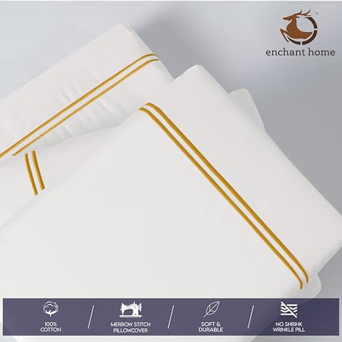 Image of Pure Cotton 500 TC Pillow Cover Set | Greek Embroidered Pillow Cover Set | Percale Weave | 18 X 27 Inches (2, White - Golden)