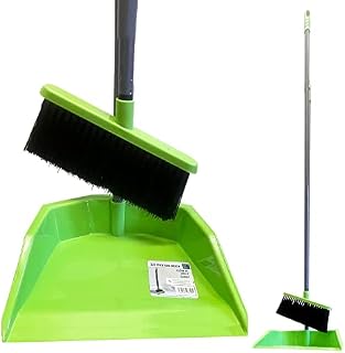 Long Handled Dustpan and Brush Set, Indoor Broom and Dustpan Set with Soft Sweeping Brush and Upright Dust Pan, Tall Dustpan and Brush Set House Cleaning Kit for Kitchen and Lobby (Green)