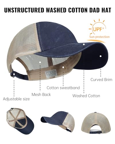 Image of Croogo Men's Adjustable Mesh Back Cap Curved Bill Snapback Mesh Baseball Cap Retro Washed Trucker Cap Breathable Sun Hat