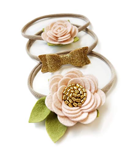 Floral Headbands, Baby bows and headbands, Soft nylon, newborn to toddler, set 3 (Light Blush-gold)