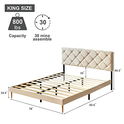 Askmore King Size Bed Frame,Velvet Upholstered Platform With Headboard And Strong Wooden Slats,Non-Slip And Noise-Free,No Box Spring Needed, Easy Assembly,Beige #TOP1