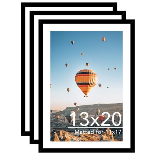 JCJMY 13x20 Picture Frame with 11x17 Mat Set of 3 Display Photo 11x17 with Mat or 13 x 20 Without Mat Wall Hanging Large 13 by 20 Poster Frame with Plexiglass 3 Pack Black