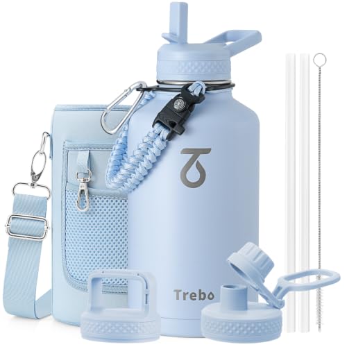 Image of Trebo 64 oz Water Bottle Stainless Steel with 3 Lids, Paracord Handle & Bag