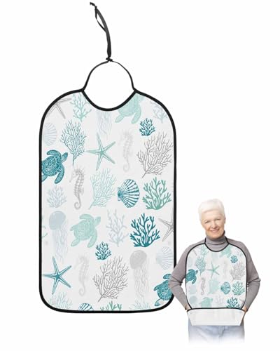 LEOKOTI Turquoise Coastal Adult Bibs for Eating, Waterproof Bibs with Food Catcher & Adjustable Snap Closure, Nautical Summer Beach Coral Sea Turtle Washable Clothing Protectors Adult Bibs for Elderly