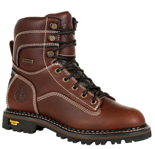 Georgia Boot AMP LT Logger Women's Alloy Toe Waterproof Low Heel Logger Boot, Brown, Size 8(M)