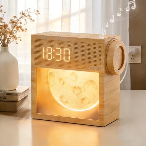 Image of Sunrise Alarm Clock with Sound Machine,White Noise Sound Machine with Night Light for Adults,Kids,Dimmable Moon Lamp for Bedroom,20 Soothing Sounds,Dual Alarms,Snooze, Digital Clock,Wood Grain