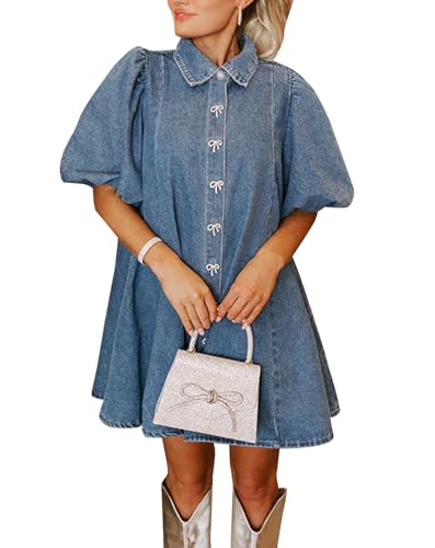 LifeShe Women's Blue Denim Babydoll Mini Dress with Puff Sleeves, Lapel Collar & Diamond Bow Decor