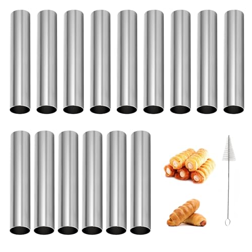 AIZHAZHA Moldes para Canutillos, 15 PCS Tubos Cannoli de Acero Inoxidable, 12 cm Cilíndrica Forma Repostería Molde Canutos con 1 Cepillo de Limpieza, Moldes para Croissants, Pasteles, Pan