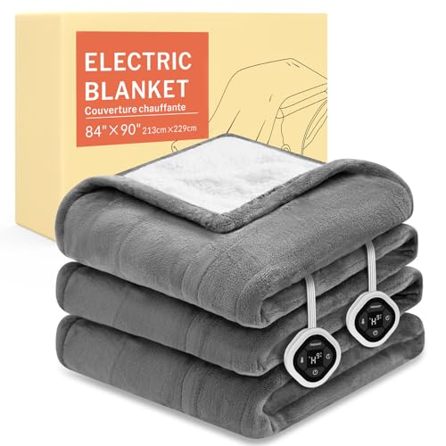 Image of HOMLYNS LuxeHeat Heated Blanket Electric Blanket Queen Size, Soft Flannel Sherpa Heating Blanket with 10 Heat Settings, 1-10 hrs Timer Auto Shut Off (84x90 inches, Grey), Only for 120V Voltage Use