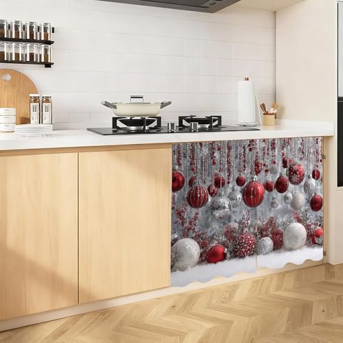 Image of Self Adhesive Red & Silver Bauble Cabinet Curtain for Mother's Day, 39x28 Inch Sparkling Ornaments Under Sink Skirt No Drill, Spring Cleaning Kitchen Decor, Hook and Loop Valance