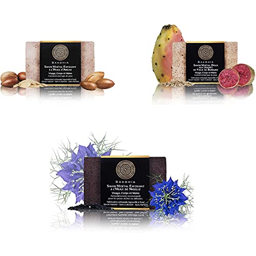POCHETTE CADEAU DE 3 SAVONS NATURELS & ARTISANAUX 3x100g Dans un élégant étuis noir -1 savon à l'huile d'Argan-1 savon à l'huile de Nigelle & 1 savon à l'huile de graines de figue de barbarie Cover