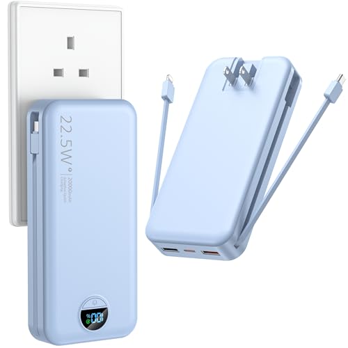 Portable Charger with Wall Plug, 20000mAh USB C Power Bank Fast Charging, External Battery Pack with Built in Cables, Digital Display, 5 Output 2 Inpu