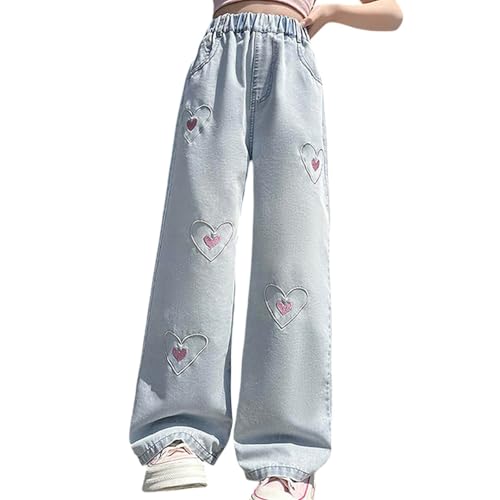 Teen Girls Wide Leg Jeans Flowers Embroidered Coquette Denim Pants with Pocket Elastic High Waist Streetwear Casual Trousers