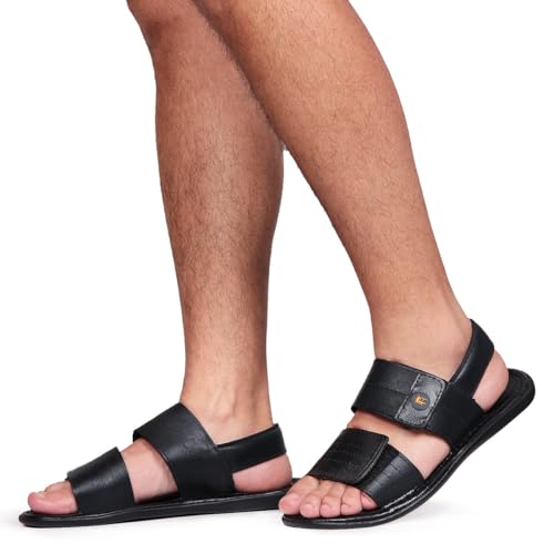 Sandália de Couro Masculina Confortável Ajuste em Velcro Prático e Resistente (38, Preto)