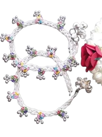 Silver Payal Anklets with Multicolour Crystal Flower Charms