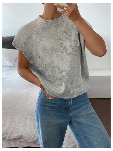 Image of SOLY HUX Women's Short Sleeve Sweater 3D Floral Sweaters Pullover Tank Tops Knit Vest Trendy Fashion Clothing