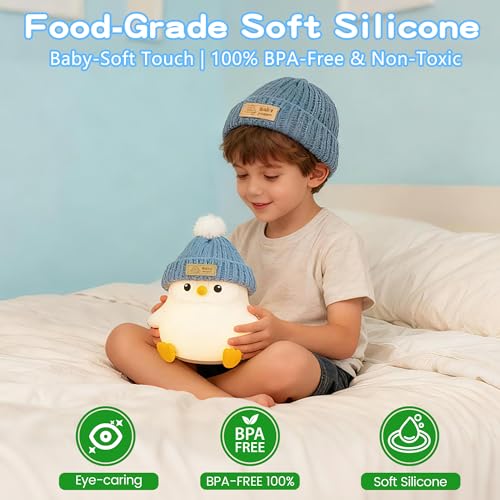 Image of FAMIDUO Penguin Night Light with Knit Hat, Cute Silicone Nursery Lamp - Dimmable Squishy Animal Light - Heartwarming Gift for New Mom, Kids Birthday & Baby Shower - Kids Room Decor