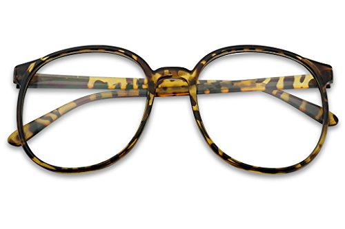 SunglassUP - Over Sized Round Thin Nerdy Fashion Clear Lens Aviator Eyewear Glasses (Havana, Clear)