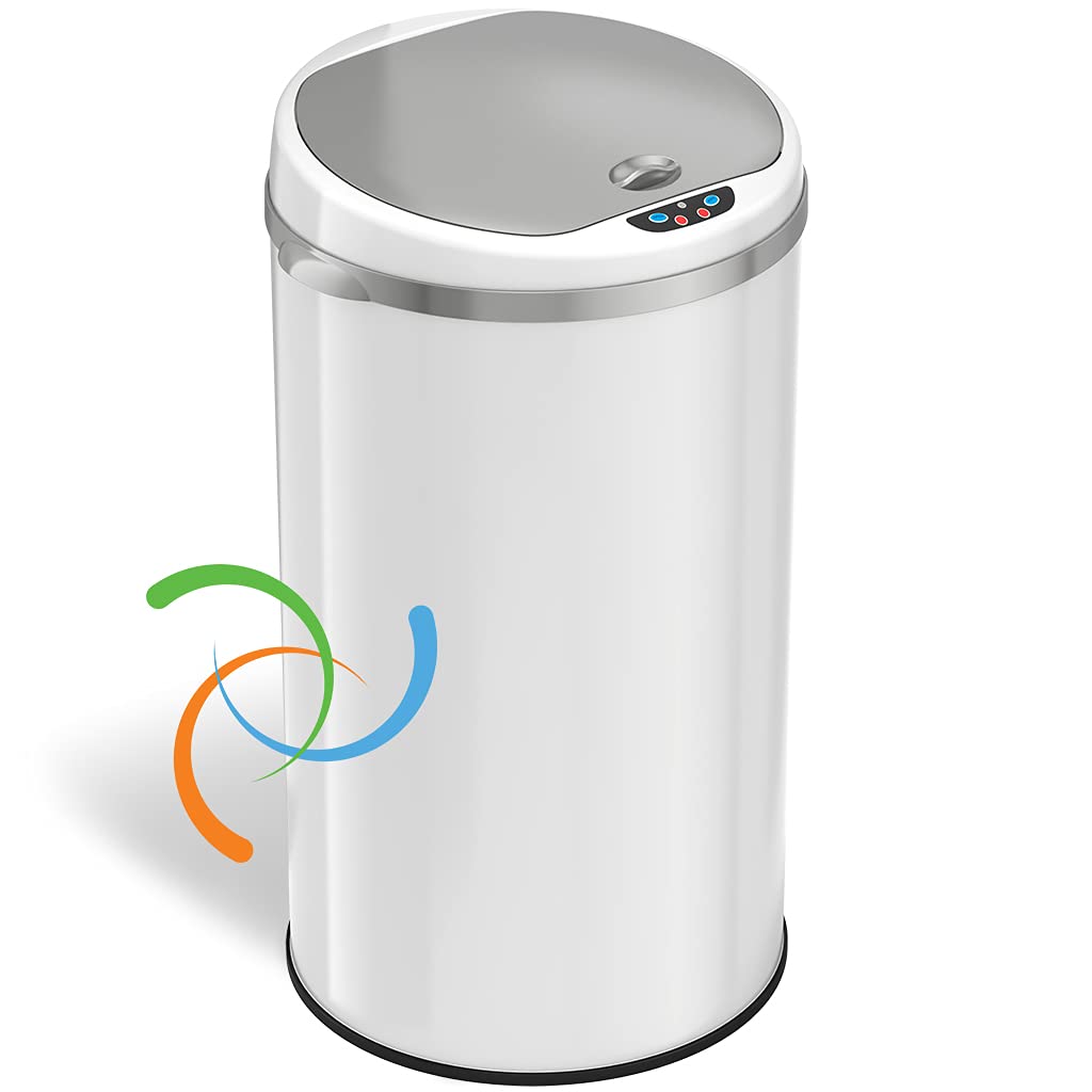 iTouchlessWith Absorbx Odor Filter System, 30 Liter Garbage Bin, Perfect For Home, Kitchen, Office 8 Gallon Touchless Sensor Trash Can, Round-Steel White