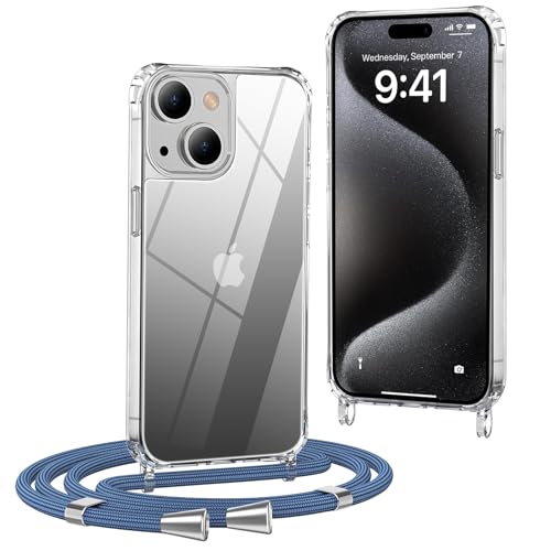 OLEPHY Handykette kompatibel mit iPhone 13 Hülle mit Band (6,1 Zoll), Handyhülle mit Verstellbarem und Demontage Umhängeband, Transparent Stoßfeste Schutzhülle zum Umhängen Kordel, Blau