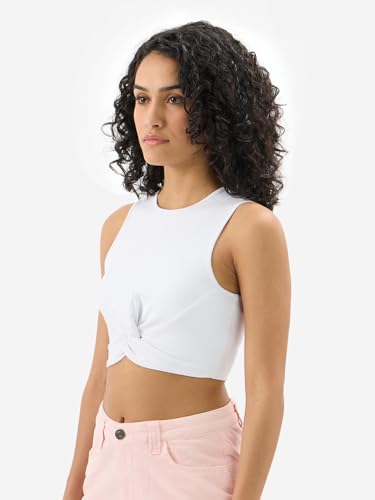 Image of The Souled Store Solids: Serene White Women and Girls Sleeveless Round Neck Cotton Blend Slim Fit Cropped Tops