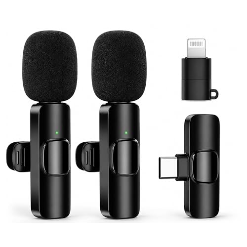 Wireless Lavalier Microphone 2 Pack, Clip On Mic for iPhone and Android, 2.4 GHz Mini Microphone with USB C and Lightning Receiver for Vlogging, Live Streaming and Interviews