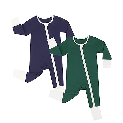 Image of JunNeng Rayon from Bamboo Baby Romper Sleeper with Mitten Cuffs Feet,Newborn Boy Girl Zipper Snug Fit Sleep 'N Play (Navy Blue+Army Green, 6-12 Months)