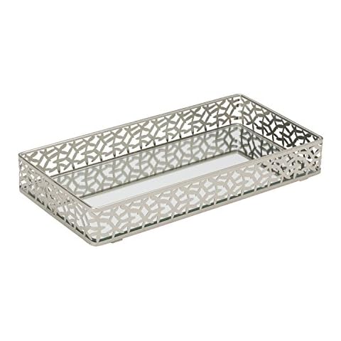 Home Details Leaf Design Mirrored Vanity Tray | Dresser | Perfume | Desk | Cosmetic | Jewelry Organizer | Decorative | Satin Silver Cover