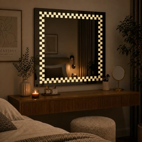 Image of LED Bathroom Wall Mirror with 3 Decorative Lights | Touch Sensor | Warm | Natural and Cool White | for Wash Basin | Bedroom | Dressing Area (Square, 18x18)