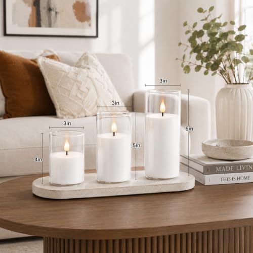 Image of Lezonic Rechargeable Flameless Glass Pillar Candles Set of 3, White Real Wax LED Type-C USB Electric Battery Operated Candles with Remote Timer, Flickering Long Lasting for Bedroom Living Room Decor