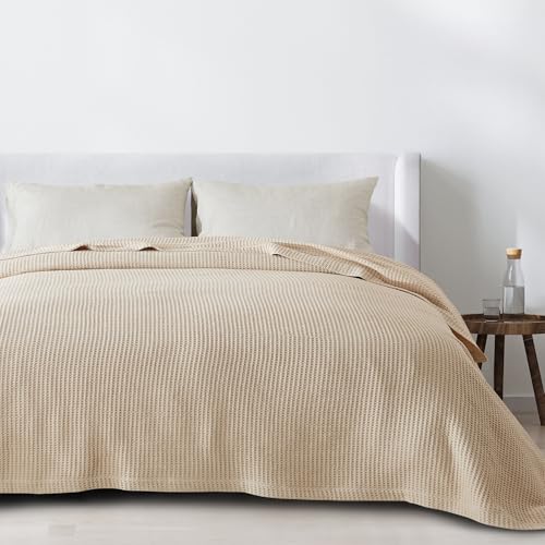 100% Cotton Green Blanket Full/Queen Size for Bed - Breathable and Soft, Waffle Weave for Summer Spring, 90x90 Inches (Oatmeal)