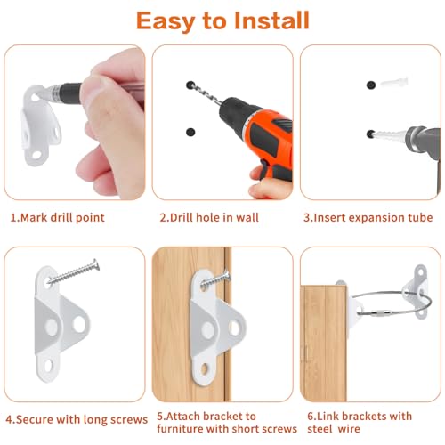 XRVRILE 6 Stück Kippsicherung Möbelgurte Wandbefestigung, Kippsicherung Schrank, Kippschutz Möbel Kippschutz Sicherheitsgurt für Bücherregal Schrank Kommode, Weiß