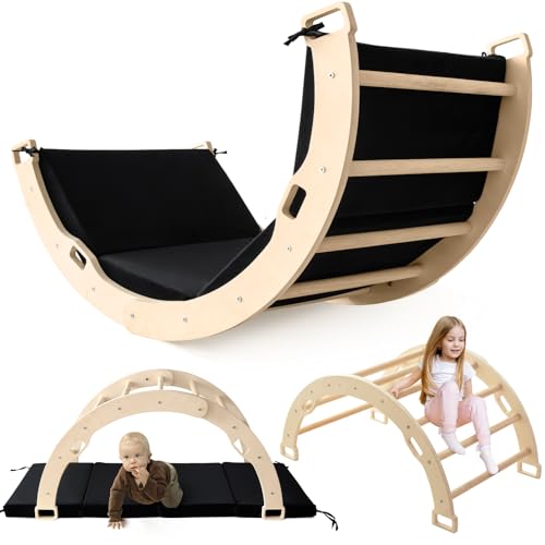 Image of Kids Climber Arch Rocker with Cushion, Montessori Climber Climbing Toys | Arch Climber Wooden Indoor Playground with Cushion for Kids, Large Children Arch Climbing for Toddler Indoor Black