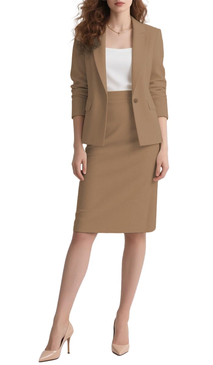Botong Women's 2 Piece Suit Skirt Set Business Casual Long Sleeve Blazer and Pencil Skirt Khaki XXL
