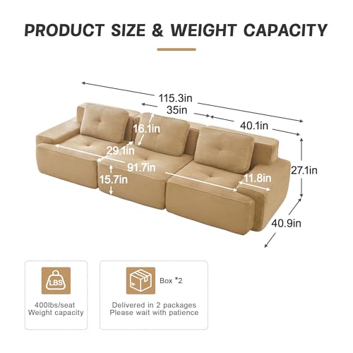 Image of 117 inch Oversized 3 Seater Modular Boneless Couch, Durable Corduroy Fabric, Deep Seat Cloud sectional Sofa with Buckle Connection and Tufted Detail, No Assembly, Anti Slip, Camel