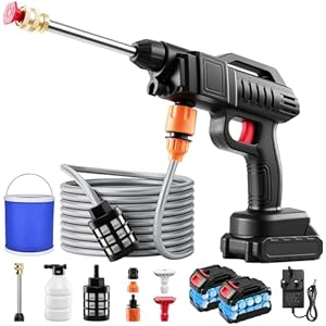 1500W Cordless Pressure Washer, 21V Portable Pressure Washer, 870 Psi High Power Washer Kit with 2 Nozzles 2000mAh Battery 16.4FT Hose Pressure Car Washers for Car Frool Garden Outdoor with bucket
