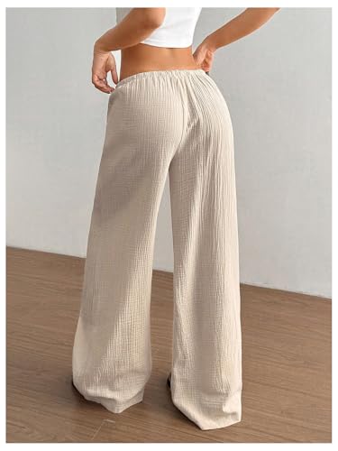 Women's Linen Summer Pants Drawstring Waist Baggy Pant Straight Wide Leg Beach Trousers3