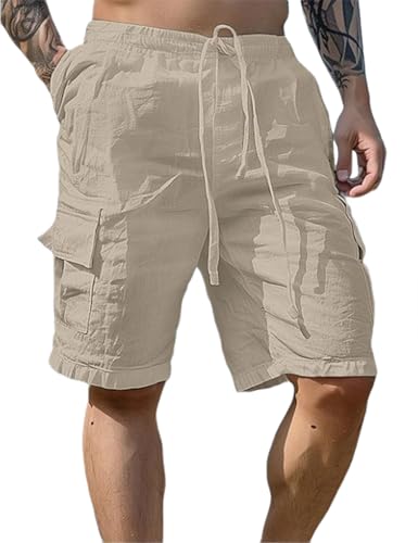 PADOLA Kurze Hosen Herren Leinen Shorts Sommer Arbeitshose Kurz Elastische Taille Cargo-Shorts mit 4 Taschen Kordelzug L...