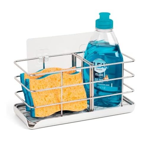 Kitchen Sponge Holder, Kitchen Sink Organiser with Tray Sink Caddy Sink Tidy Stainless Steel Soap Scrubber Brush Organizer No Drilling Cover