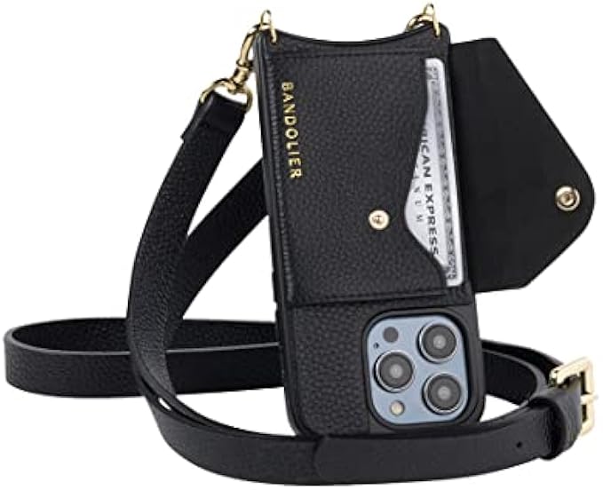Bandolier Hailey Crossbody Phone Case and Wallet - Black Leather with Gold Detail - Compatible with iPhone 14 Pro Max