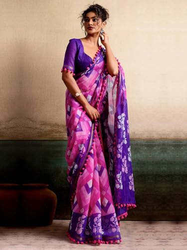 Image of AKHILAM Women's Cotton Printed Saree With Unstitched Blouse Piece