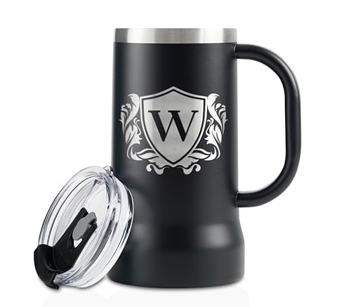 Onebttl Personalised Beer Stein – Custom Monogram Beer Mug with Handle, 24oz Double-Walled Stainless Steel – Gift for Beer Lovers, Dad, Him – Birthday, Holiday - Letter W