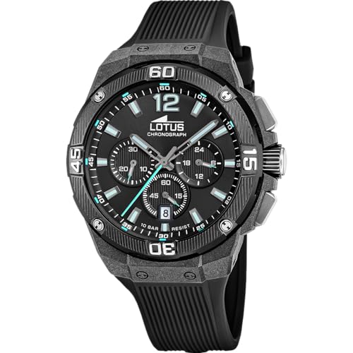 LOTUS Reloj Hombre Analógico de Caucho Negro - Movimiento de Cuarzo - Cronógrafo - Calendario - Cristal Mineral de Alta Resistencia - Resistente al Agua 10 ATM 18975/3 Chrono