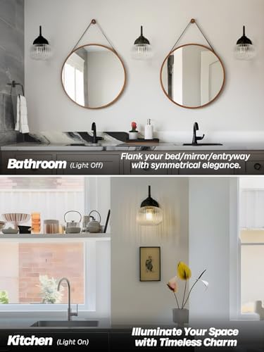 Image of Black Wall Sconce Farmhouse Bathroom Vanity Light,Clear Glass | Bathroom Light Fixtures,Hardwired Indoor,Hand-Blown Thick Glass,for Bathroom Mirror Kitchen,E26 Socket