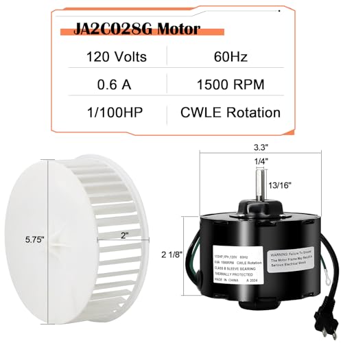 Image of Hiorucet JA2C028G Fan Motor & 5901A000 Blower Wheel for Broan Nutone Bathroom Exhaust Fan Replacement Parts, S23405SER, 23405SER, JA2C028-1, 23405, QT9093WH, QT80, QT100L, QT110 3.3 inch Diameter Motor.