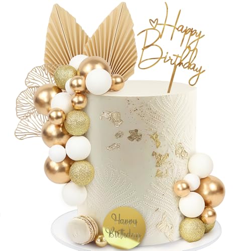 LARDUX 30 PCS Gold Cake Decorations-boho cake decorations Birthday Cake Toppers DIY Palm Leaves Mini Balloon Cupcake Insert for Baby Shower Birthday Party Decor