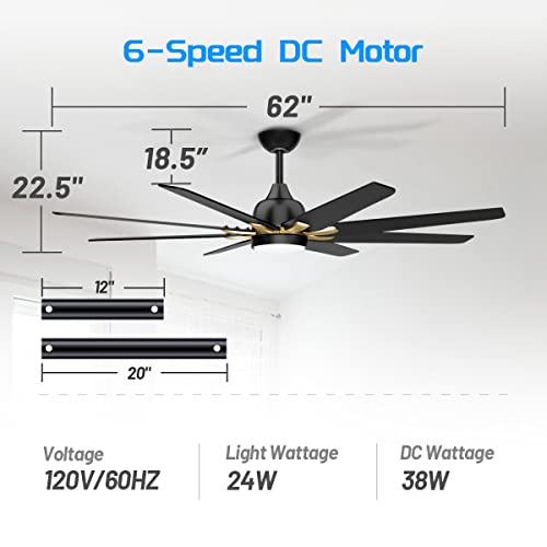 Wurzee Large 62" Industrial Large Ceiling Fans With Light And Remote Control 6 Speed Reversible Dc Motor Dimmable Timing Led 3-Color Adjustment Black And Gold Modern Ceiling Fan For Indoor Or Covered Outdoor #TOP5