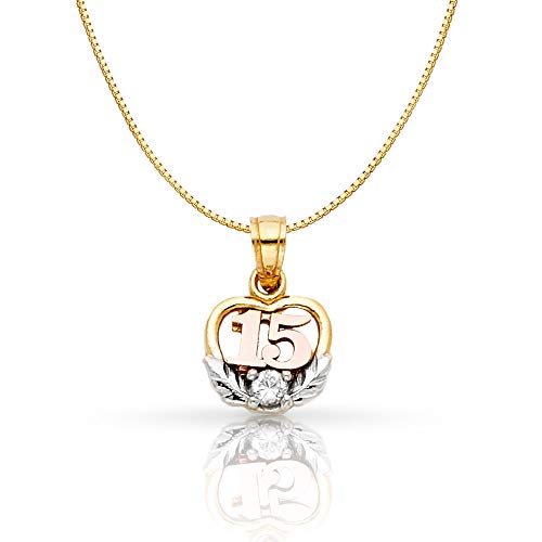 14K Tri Color Gold Sweet 15 Years Quinceanera Heart Cubic Zirconia CZ Charm Pendant with 0.6mm Box Chain Necklace