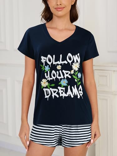 Image of VENTELAN Pajama Set For Women Cute PJS Summer Short Sleeve Shorts Sleepwear